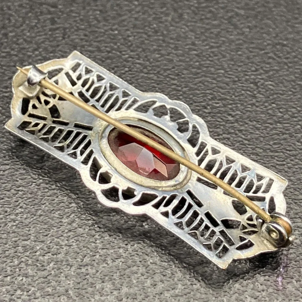 Antique Art Deco Silver Tone Filigree Brooch Red Faceted Glass C Clasp